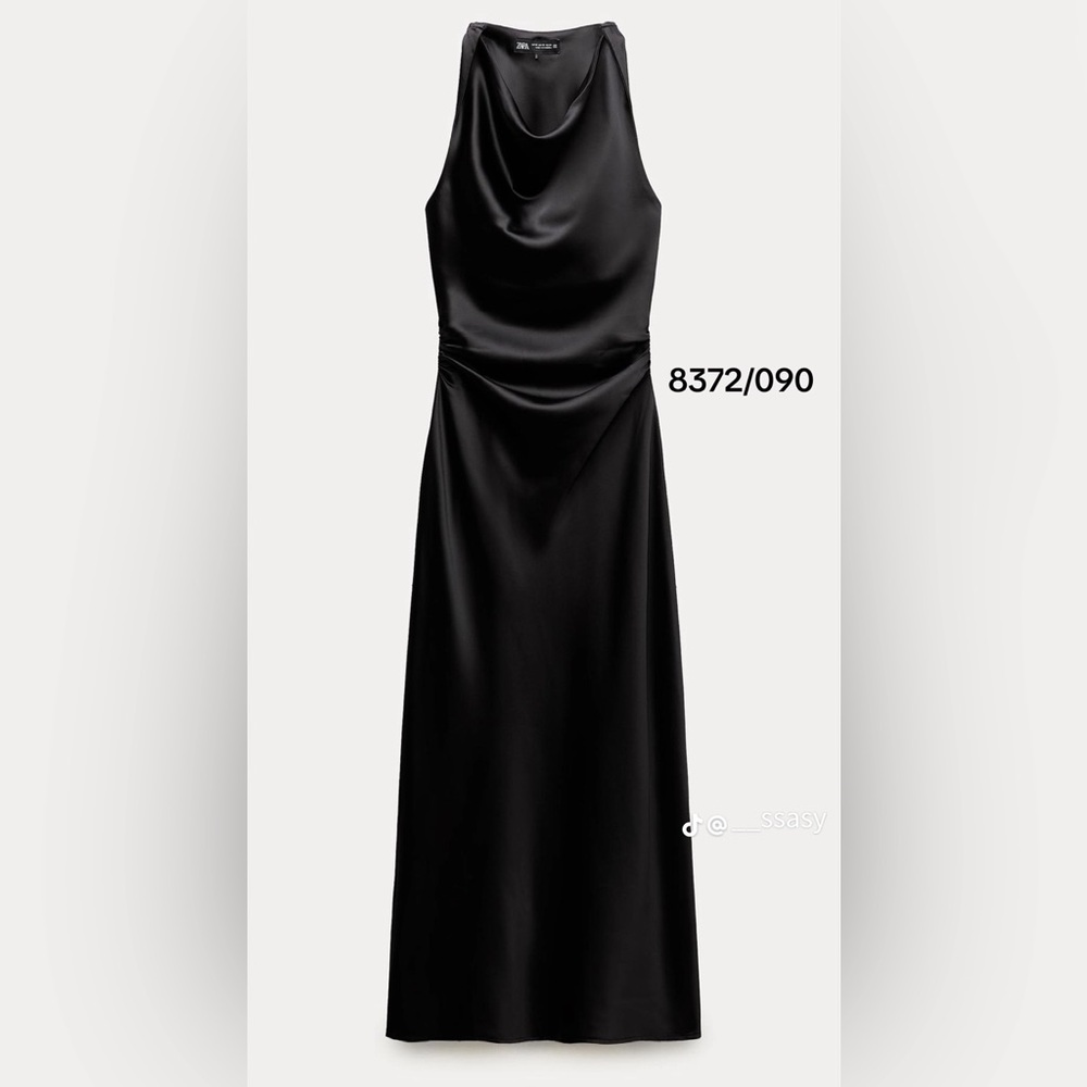 Zara Black Stretch Satin Ruched Fitted Maxi Cocktail Dress – Size XS